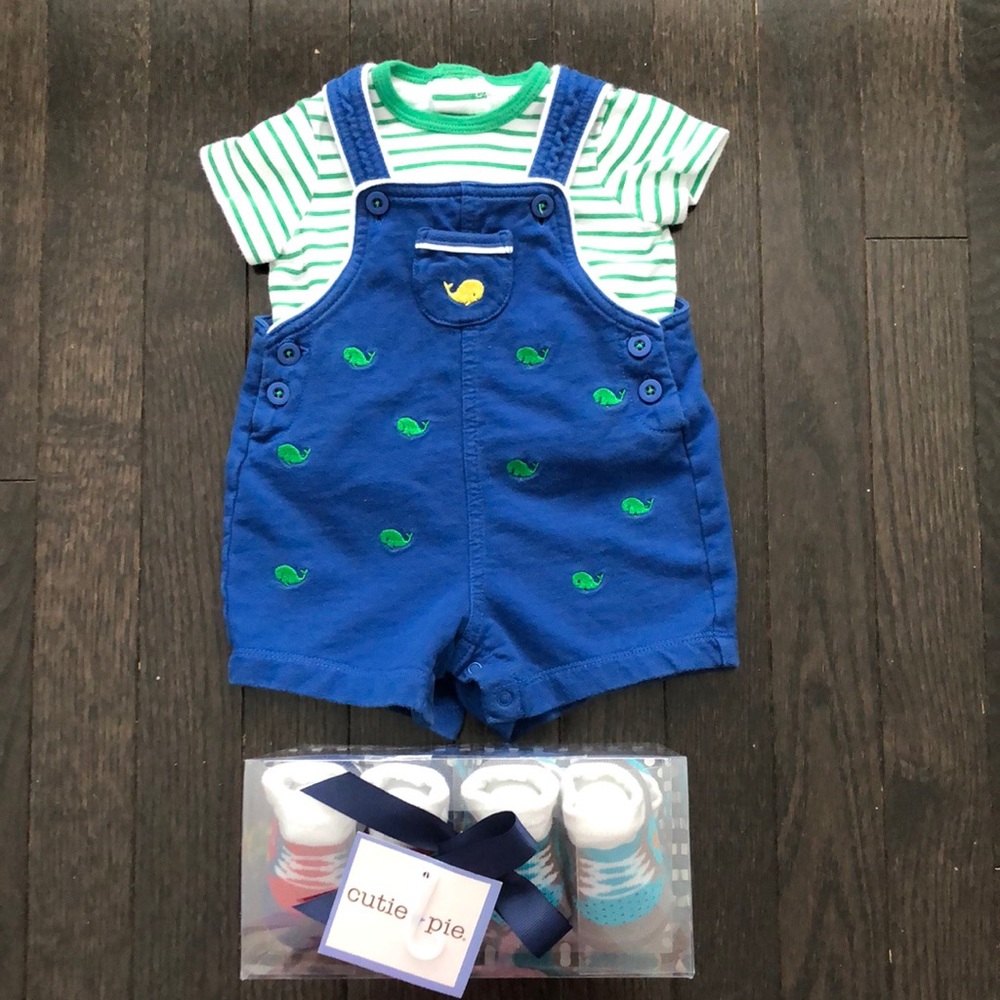 Bundle -  Little Me Shortalls Set 0-3m, Cutie Pie socks set